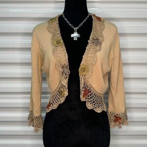 Tan Crochet Trim Cardigan with Floral Embroidery Size L